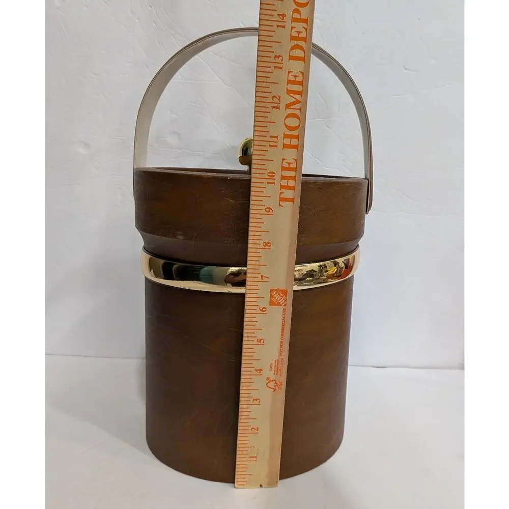 Vintage MCM Brown Faux Leather Ice Bucket Gold Brass Trim Handle Retro Barware
